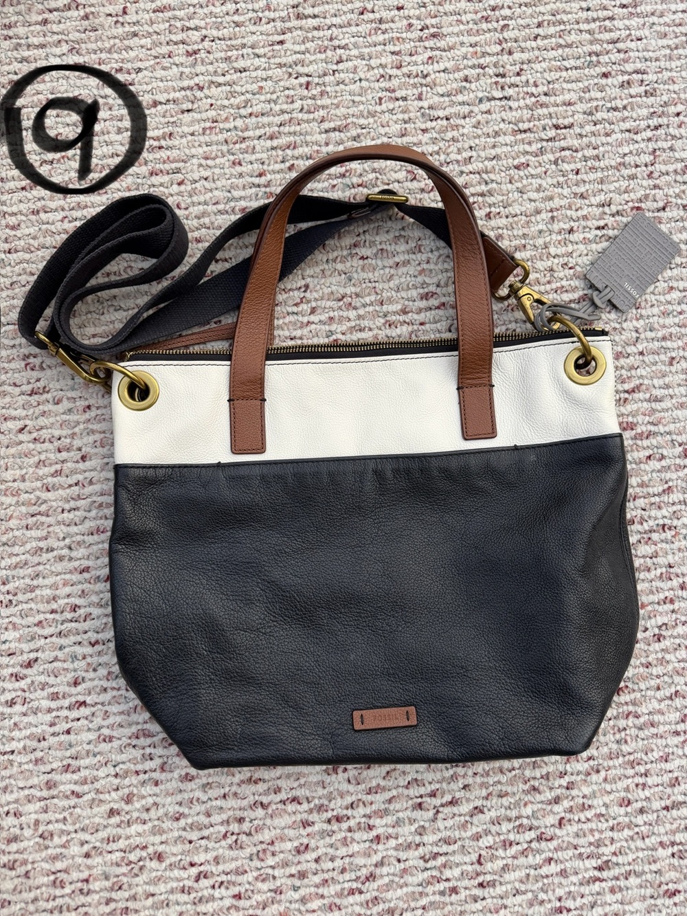 Fossil Two-Tone Black & White Leather Tote with Brown Handles